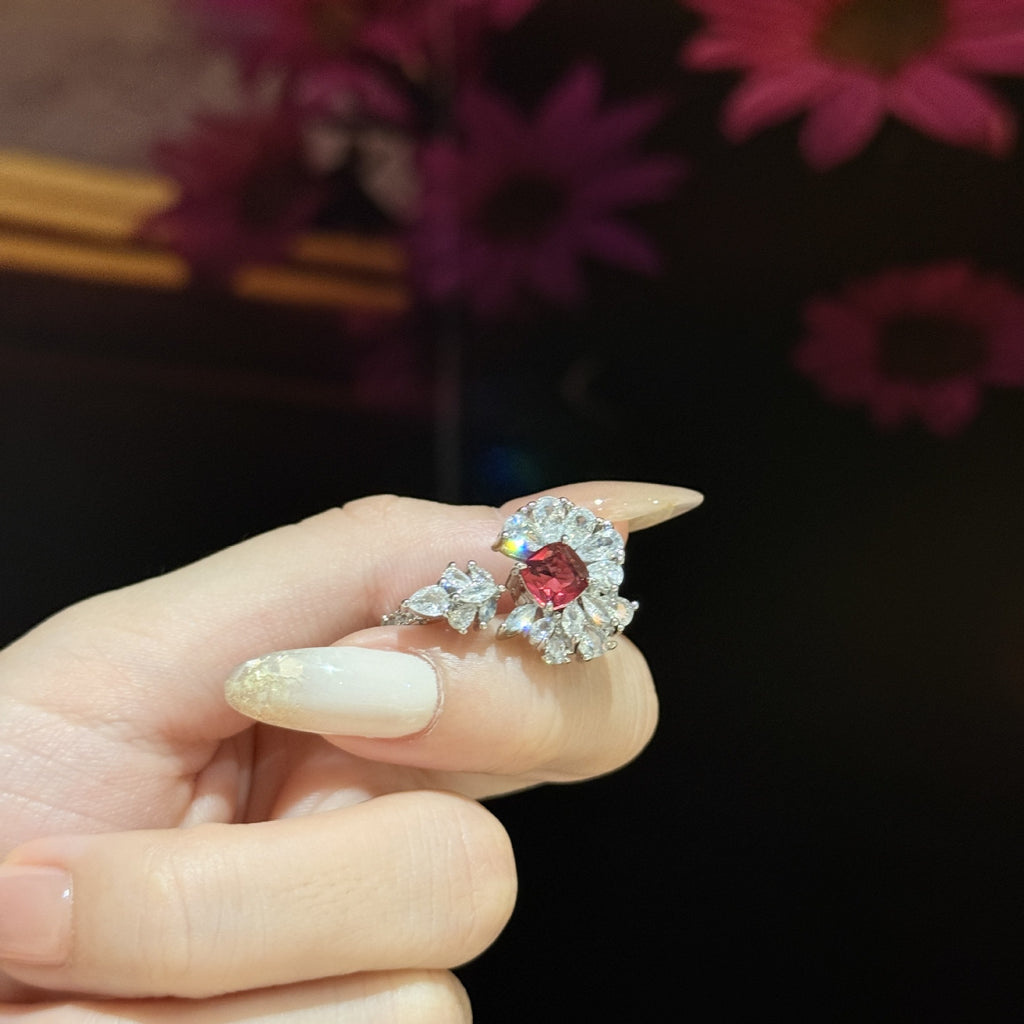 Red Flower Bloom Silver Cubic Zirconia Copper Adjustable Ring Women Bulk