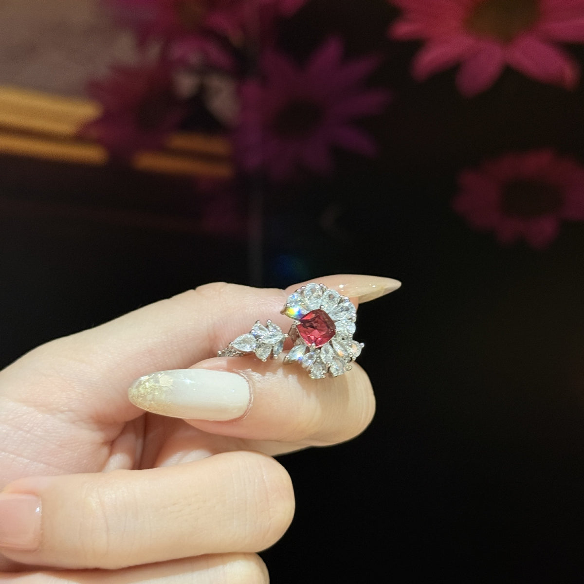 Red Flower Bloom Silver Cubic Zirconia Copper Adjustable Ring Women Bulk