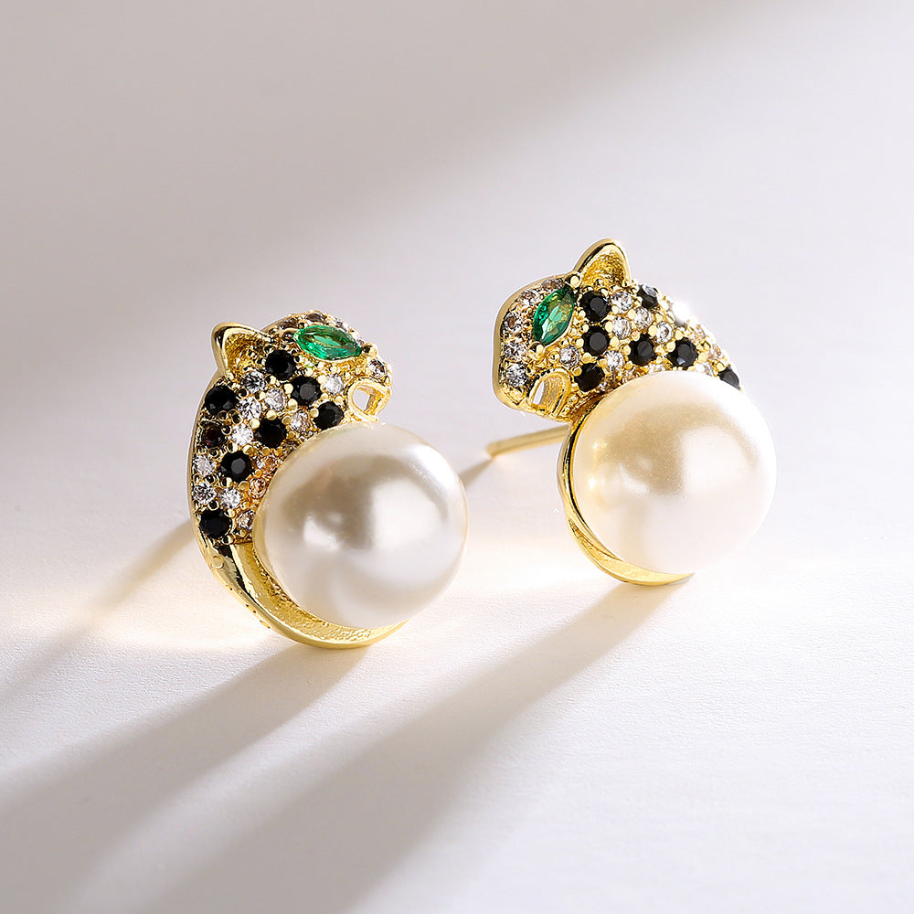 Panther Cubic Zirconia Pearl 18K Gold Anti Tarnish Stud Earring Bulk