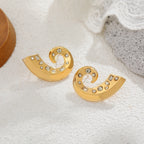 Elegant C-Curve Gold Plated CZ Stainless Steel Stud Earrings Wholesale