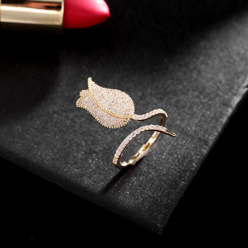 Tulip 18K Gold Plated Blue White Black Purple Sparkling Pave Crystals Anti Tarnished Free Size Ring For Women