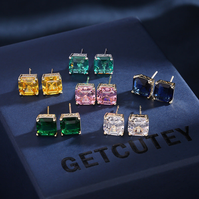 Square Solitaire White Green Blue Pink Silver CZ Stud Earring Bulk