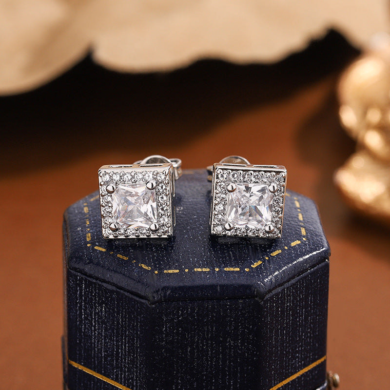 White Designer Square Cut Silver Plated CZ Copper Stud Earrings Bulk