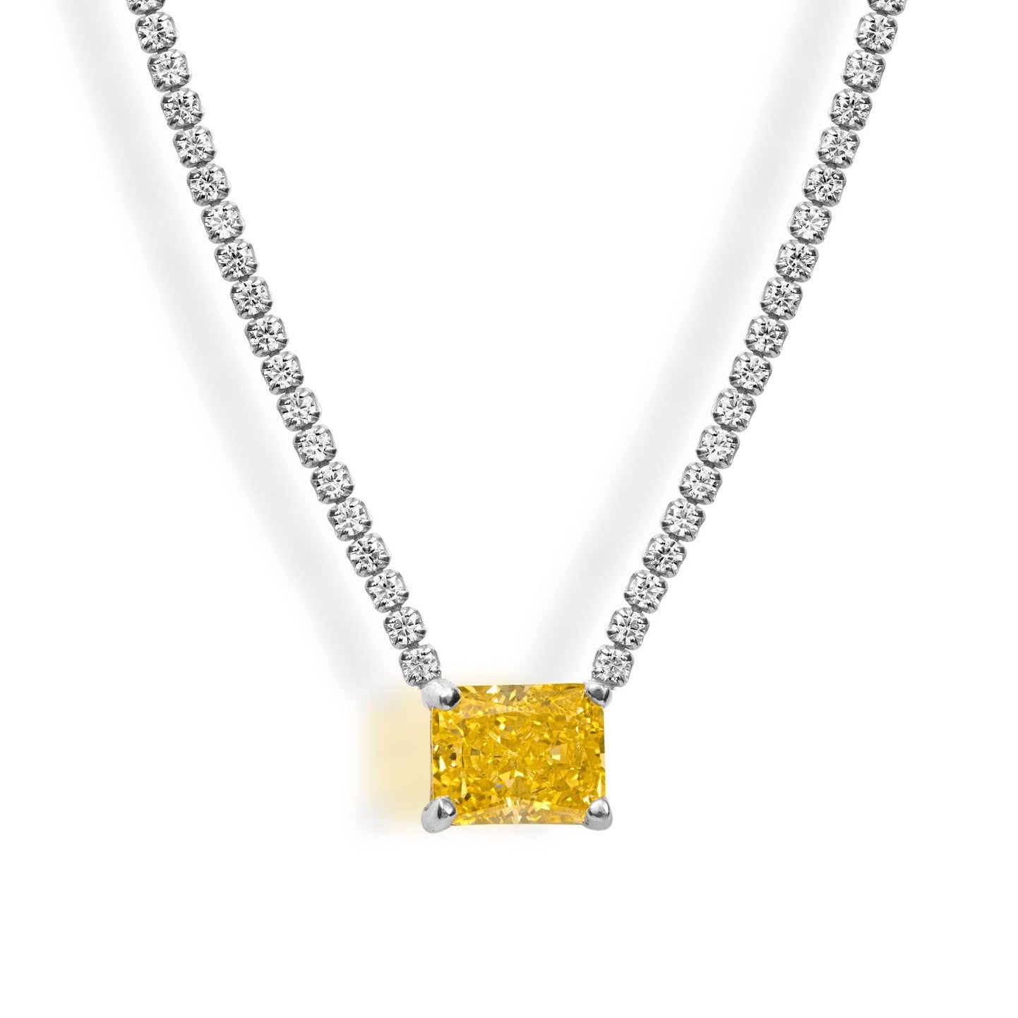 Rectangle Solitaire Silver Yellow Pink Cubic Zirconia Crystal Stainless Steel Anti Tarnish Necklace Chain For Women