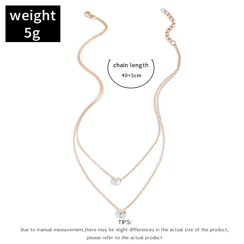 Oval Drop Solitaire 18K Gold Plated Cubic Zirconia Anti Tarnish Dual Layer Chain Necklace For Women