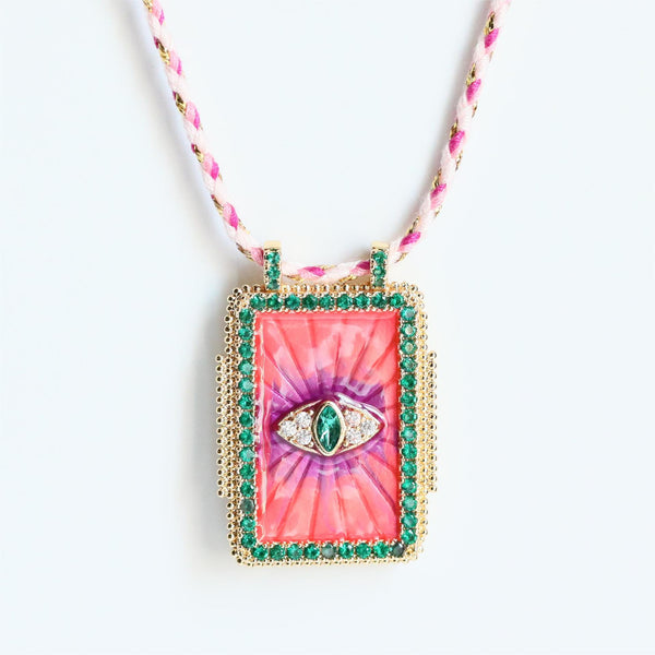 Eyelash Evil Eye Cubic Zirconia 18K Gold Pink Green Thread Anti Tarnish Necklace Pendant For Women Main image