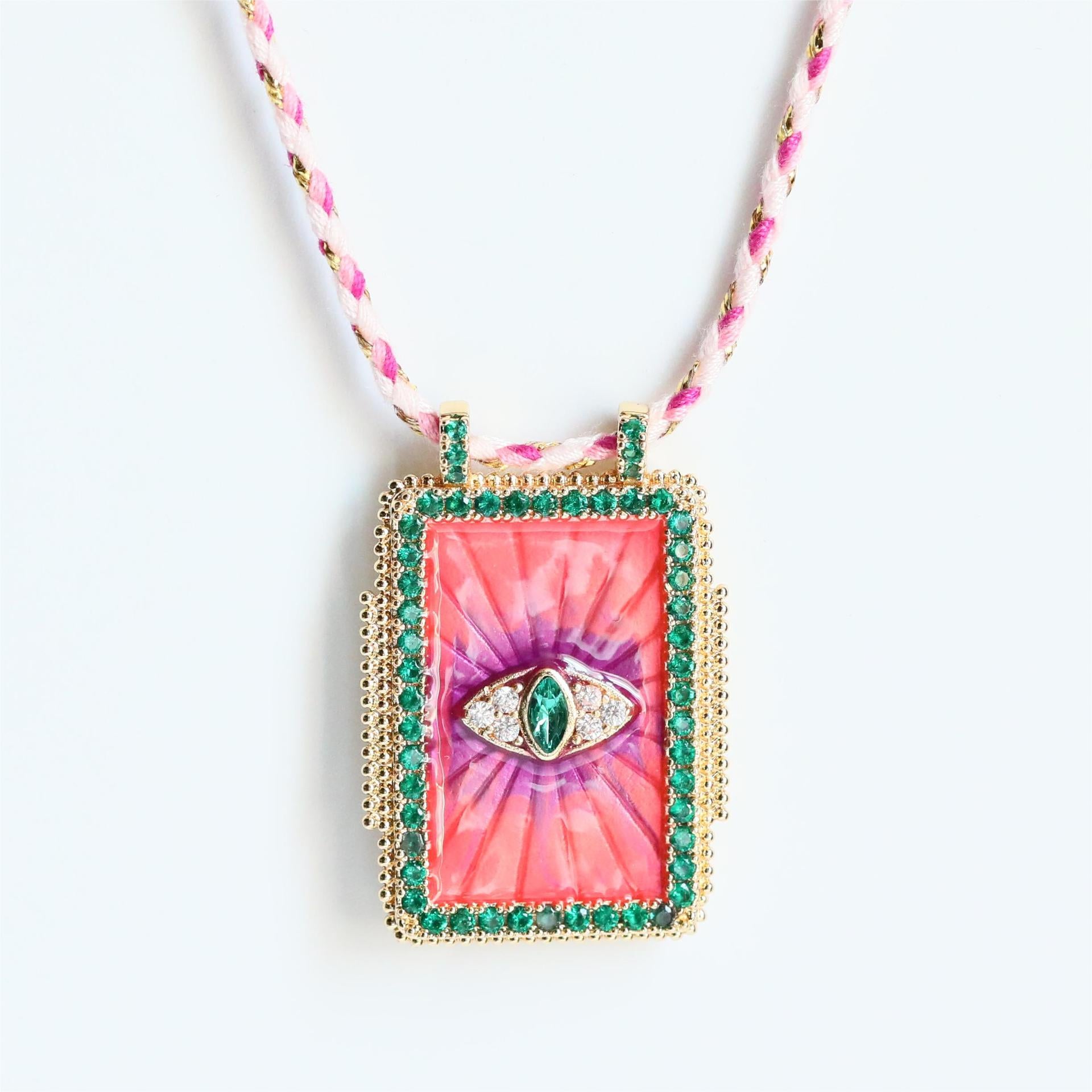 Eyelash Evil Eye Cubic Zirconia 18K Gold Pink Green Thread Anti Tarnish Necklace Pendant For Women