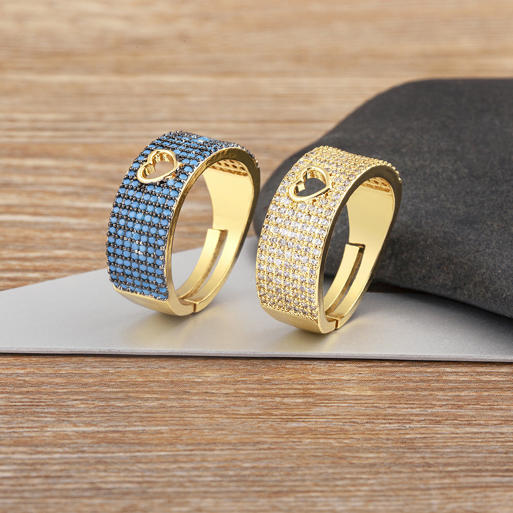 Designer Heart Pave Wide Band Gold CZ Copper Adjustable Fancy Ring Bulk