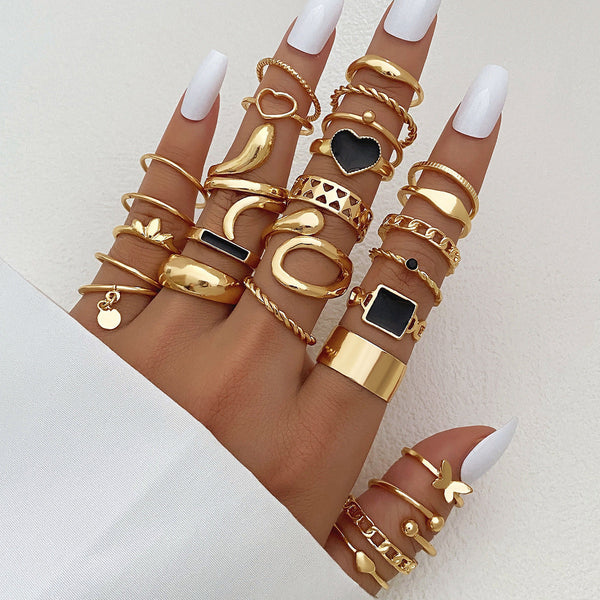 Bulk Black Multi Design Gold Plated Enamel Alloy Adjustable Combo Ring Main image