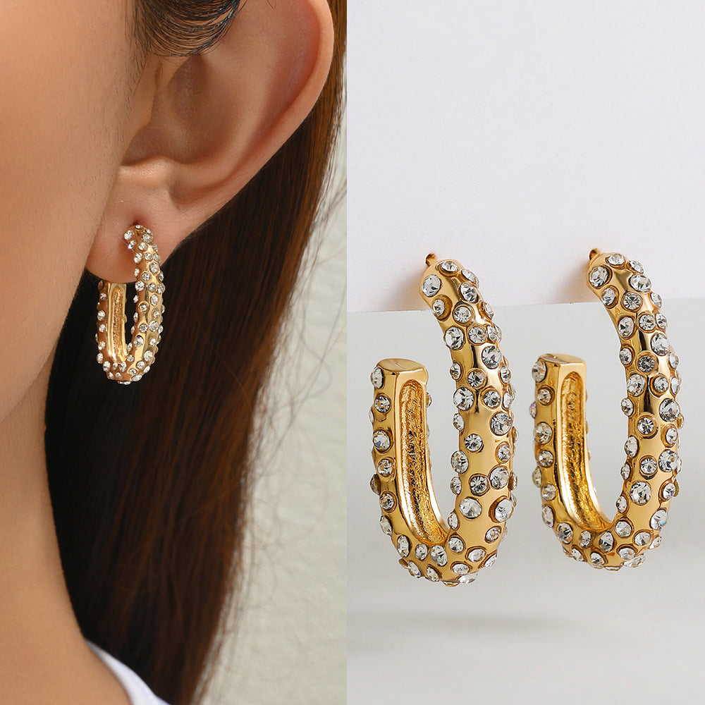 Trendy Paved U-Shape Gold Plated CZ Stainless Steel Stud Earrings Bulk