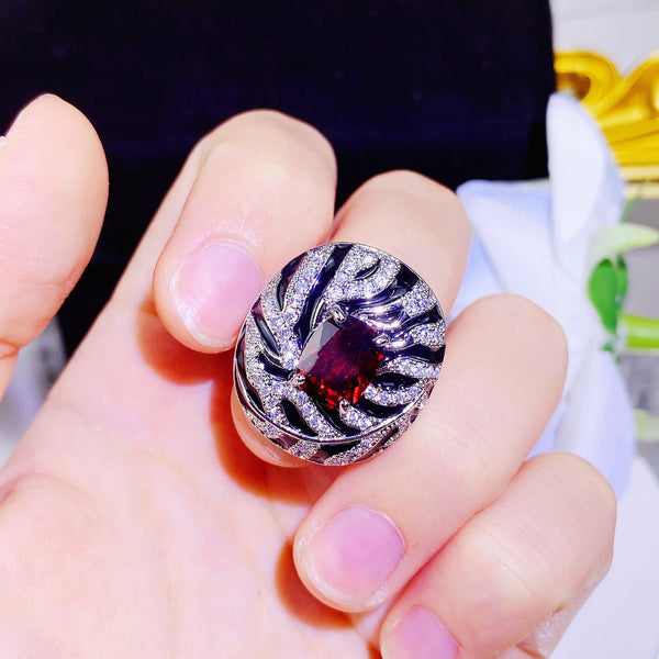 Black Red Solitaire CZ Silver Anti Tarnish Free Size Ring Bulk Main image