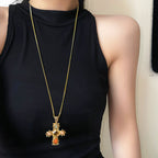 Designer Multi Color Stone Cross Pendant Gold CZ Copper Necklace Bulk
