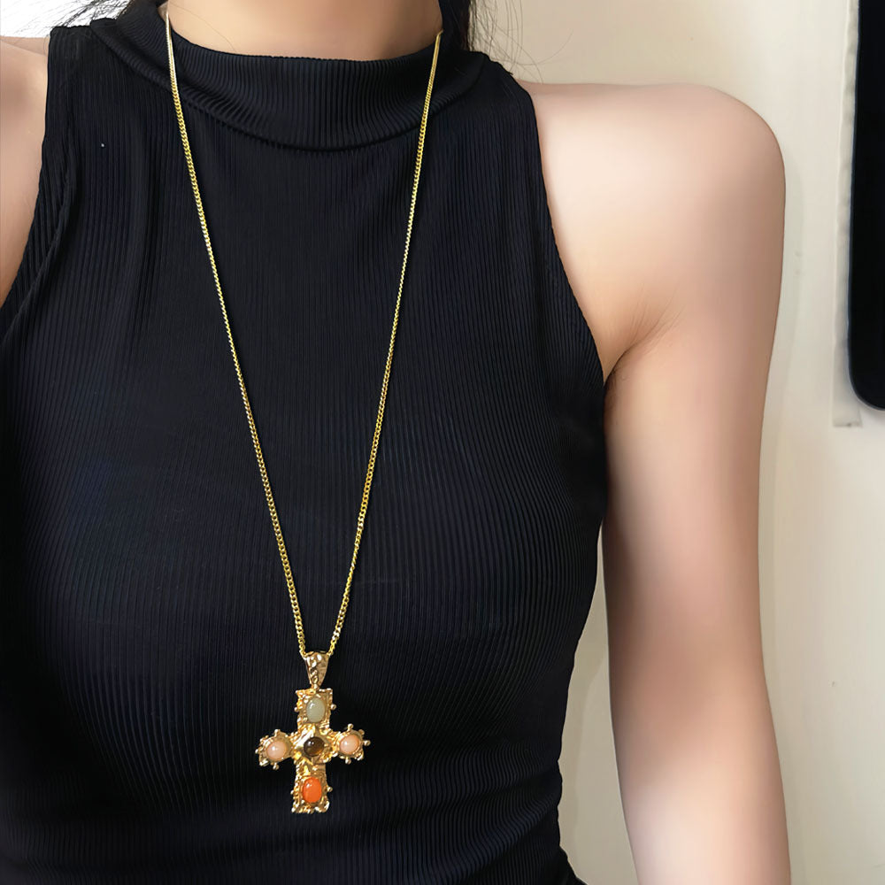 Designer Multi Color Stone Cross Pendant Gold CZ Copper Necklace Bulk