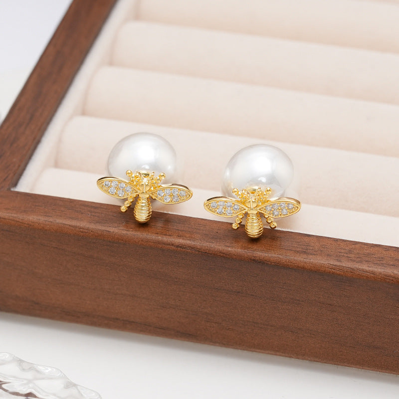 Little Honeybee Pearl Cubic Zirconia Gold Silver Stud Earring Bulk