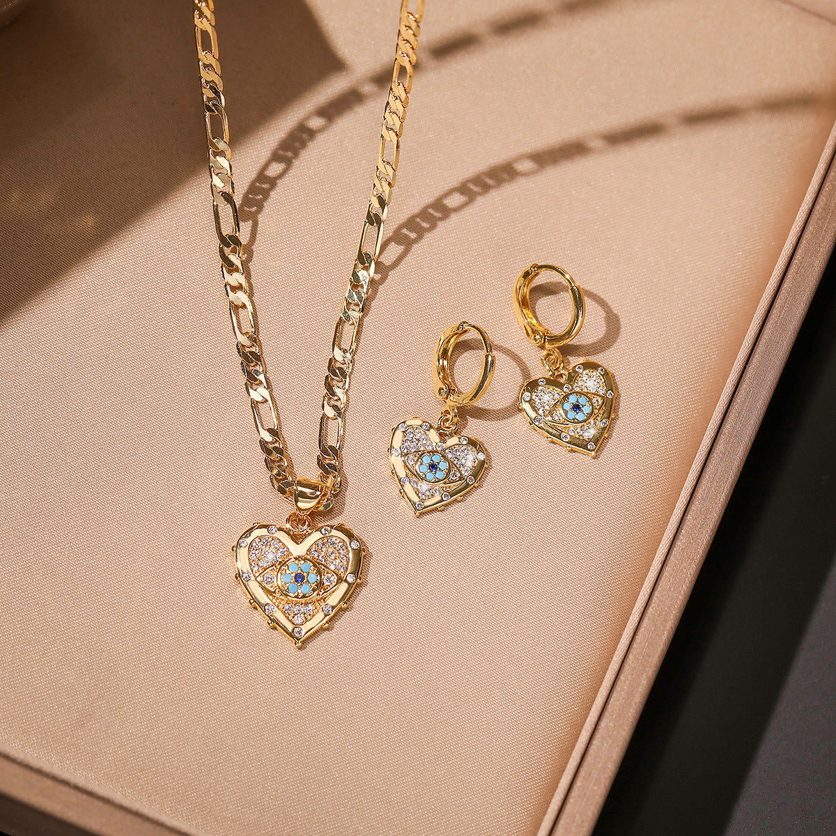 Heart Evil Eye 18K Gold CZ Anti Tarnish Pendant Chain Earring Set Bulk Secondary image