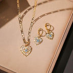 Heart Evil Eye 18K Gold CZ Anti Tarnish Pendant Chain Earring Set Bulk