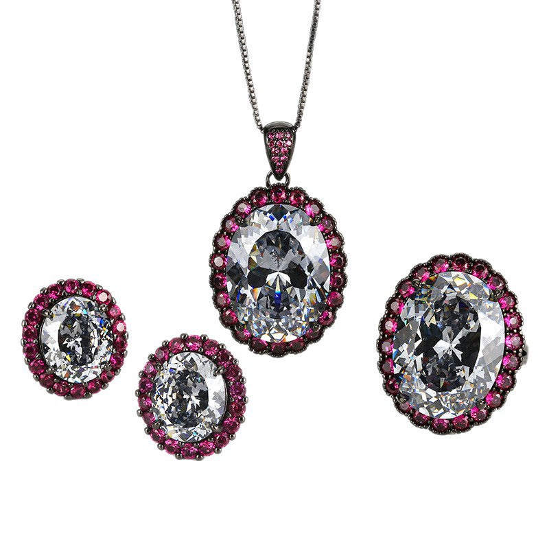 Elegant Oval Cluster Black CZ Copper Necklace Combo Set Wholesale