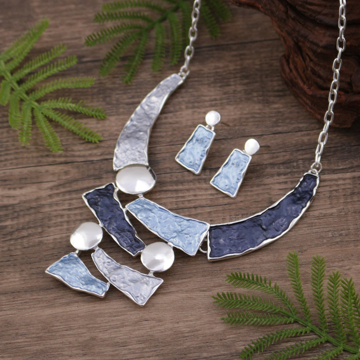 Beaten Finish Gold Dark Blue Green Enamel Necklace Earrings Set Bulk Main image