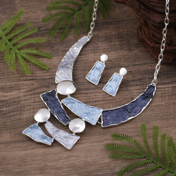 Beaten Finish Gold Dark Blue Green Enamel Necklace Earrings Set Bulk Main image