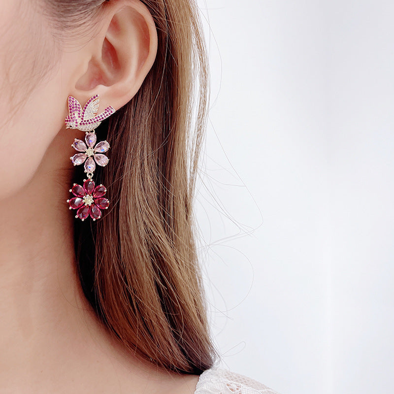 Floral Bird 18K Gold Pink Blue CZ Anti Tarnish Drop Earring Bulk