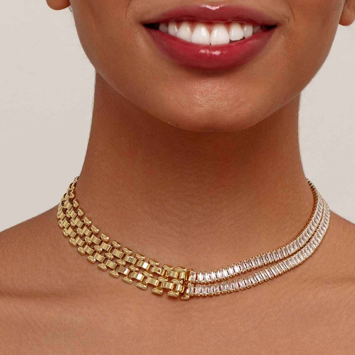 Asymmetric Half Chain Baguette Gold CZ Anti Tarnish Brass Necklace Bulk Secondary image