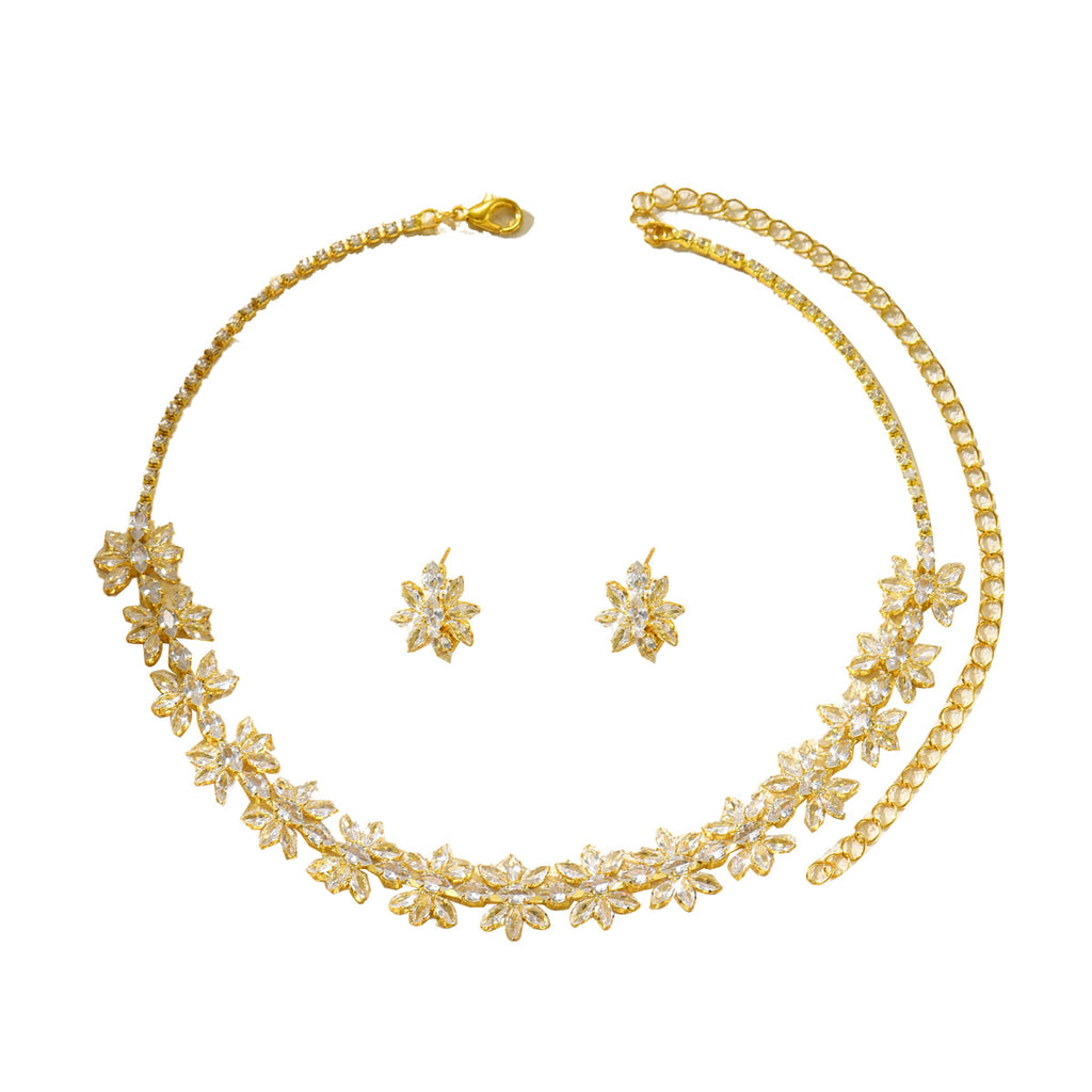 Luxury White Floral Gold Plated CZ Copper Necklace Earring Set Bulk