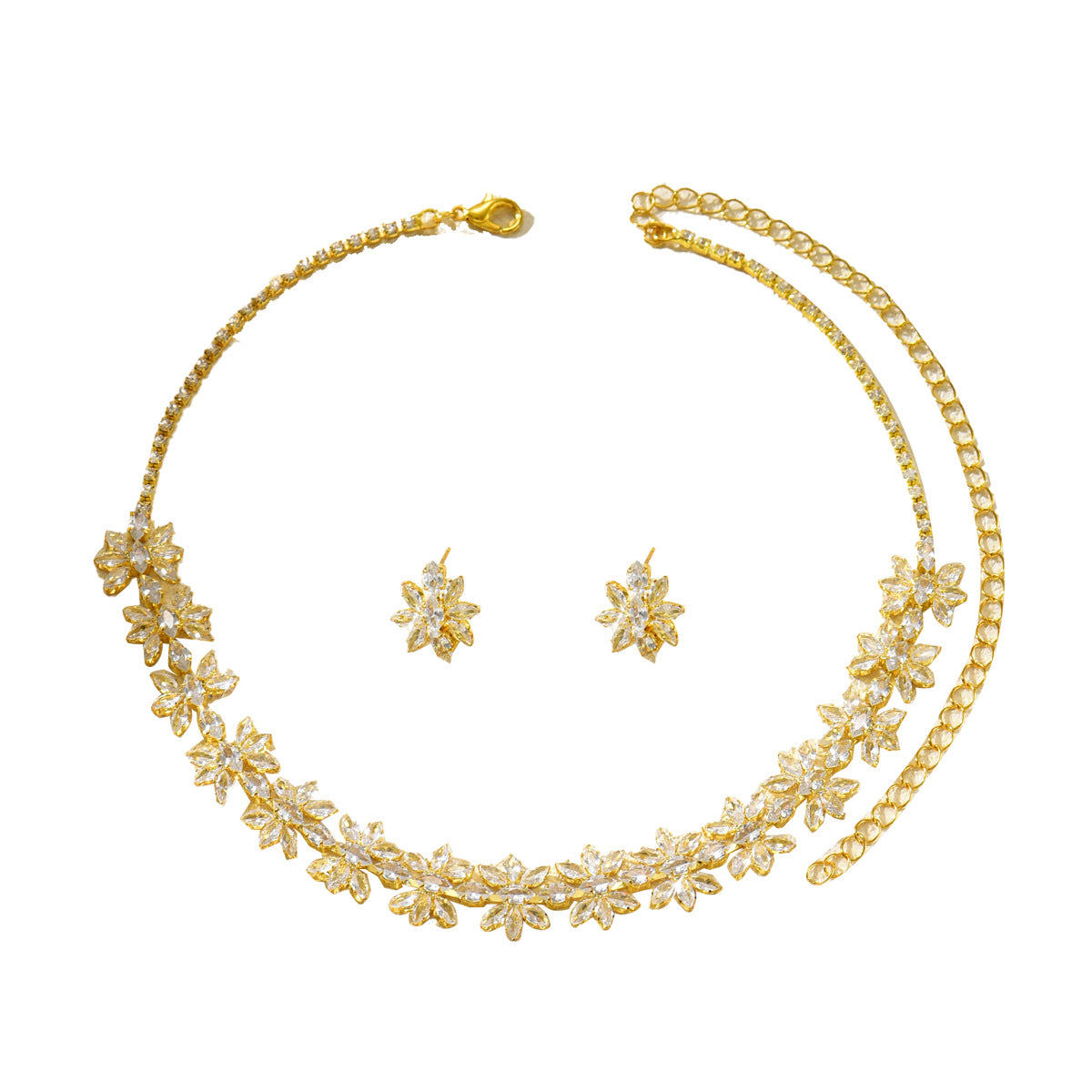 Luxury White Floral Gold Plated CZ Copper Necklace Earring Set Bulk