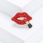 Red Lips & Lipstick Gold Plated Rhinestone Brooch For Women Bulk