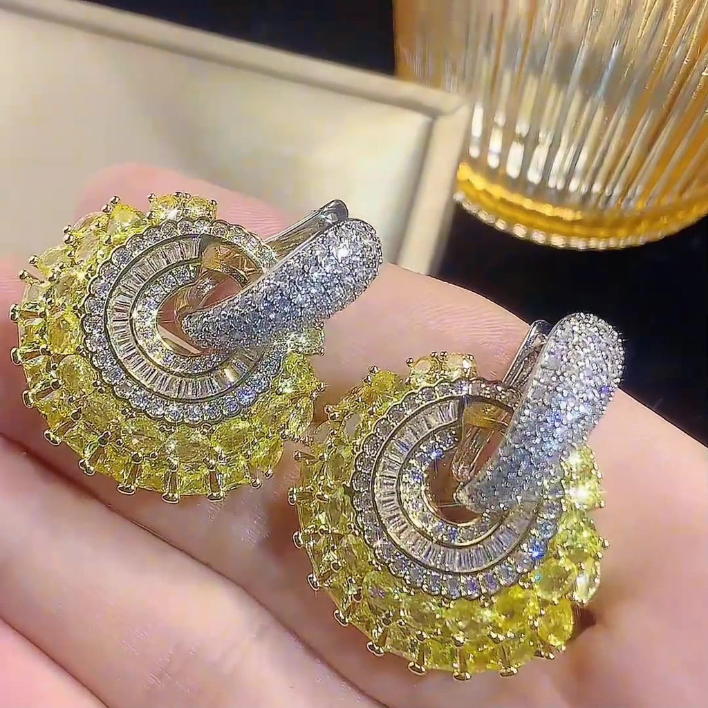 Baguette Yellow Silver Cubic Zirconia Crystal Anti Tarnish Hoop Dangler Earring For Women