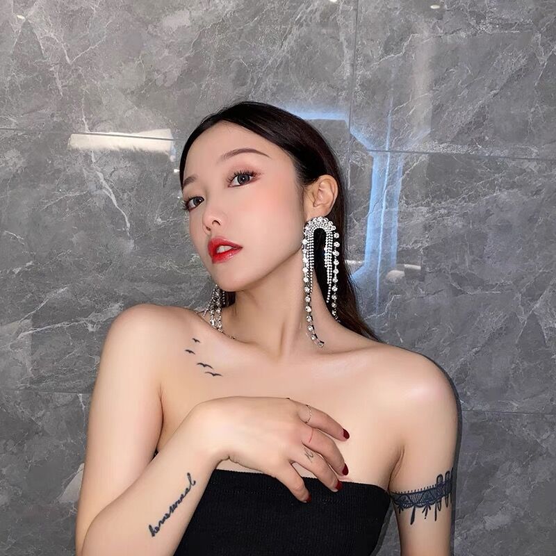 Studded Rhinestone Silver Anti Tarnish Long Tassel Dangler Earring For Women