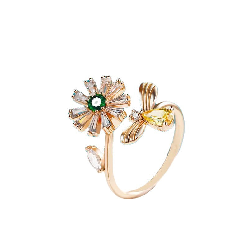 Bulk White Flower Honeybee Gold Plated CZ Copper Adjustable Fancy Ring