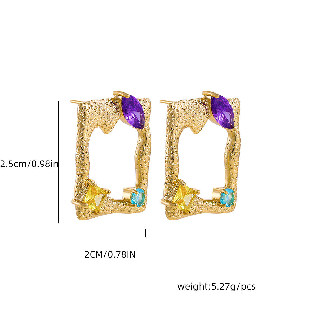 Multi Color Square Shape Gold CZ Stainless Steel Stud Earrings Bulk