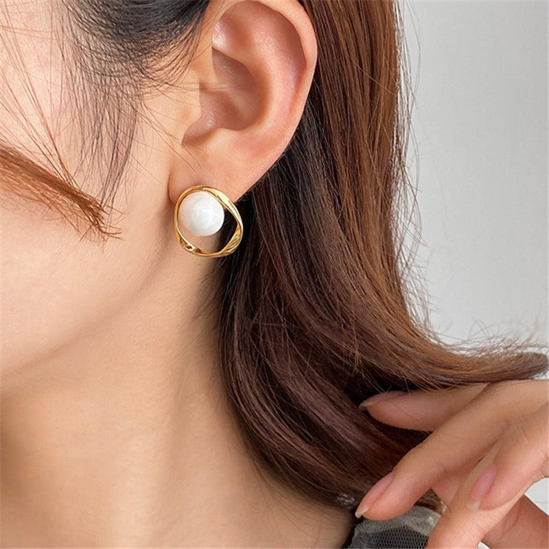 Designer White Pearl Gold Silver Oval Stud Earrings For Women Bulk