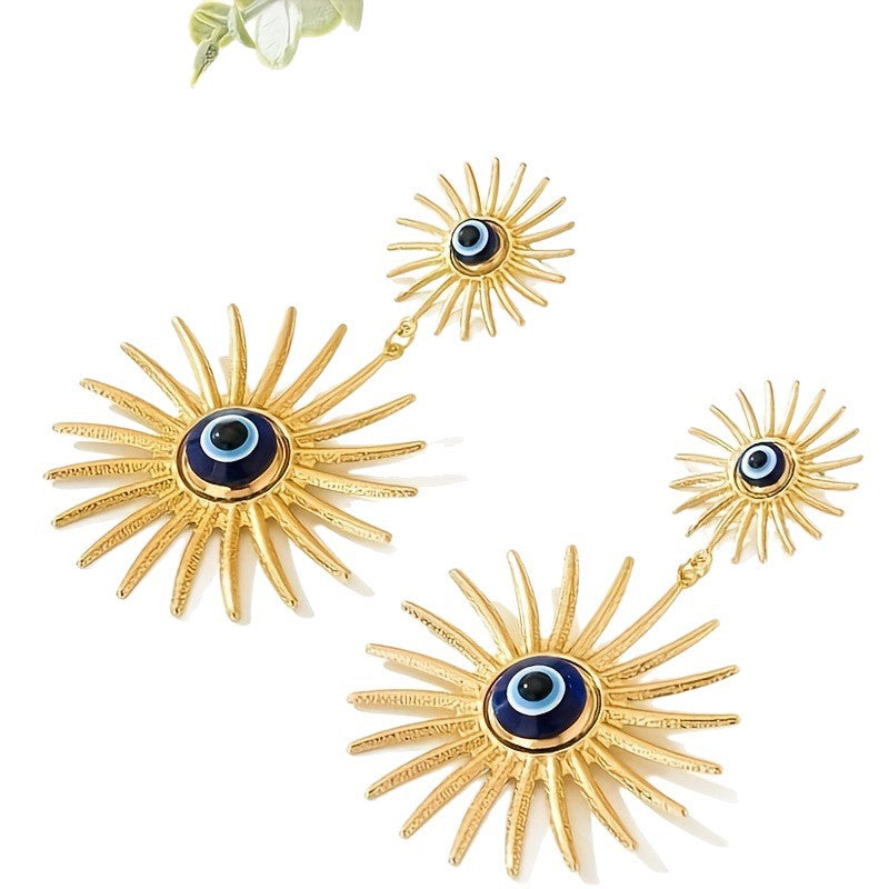 Dual Sun Flower Evil Eye 18K Gold Dangler Earring For Women Bulk
