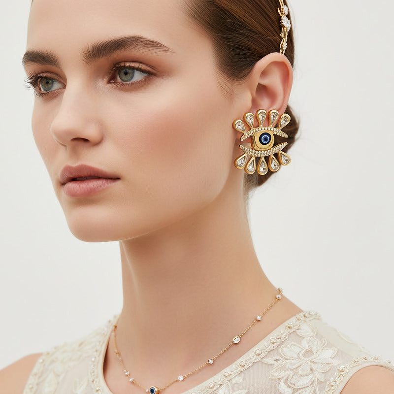 Gold Evil Eye Rhinestone Stud Earrings For Women Bulk
