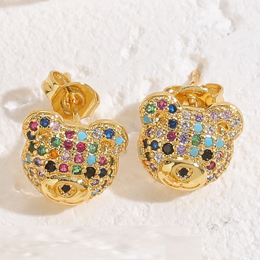 Teddy Bear 18K Gold CZ Multi Gemstone Anti Tarnish Stud Earring Bulk