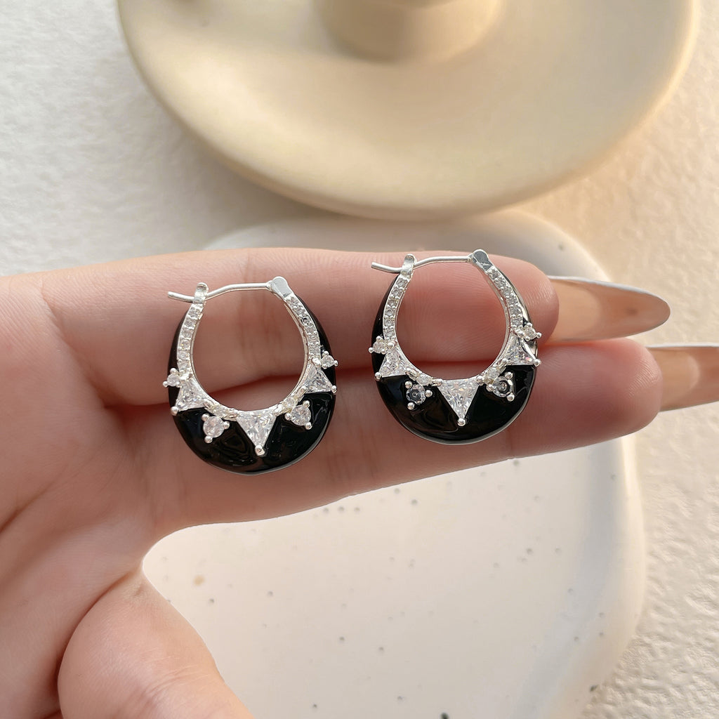 Solitaire Enamel Black 18K Gold Silver Anti Tarnish Hoop Earring Bulk