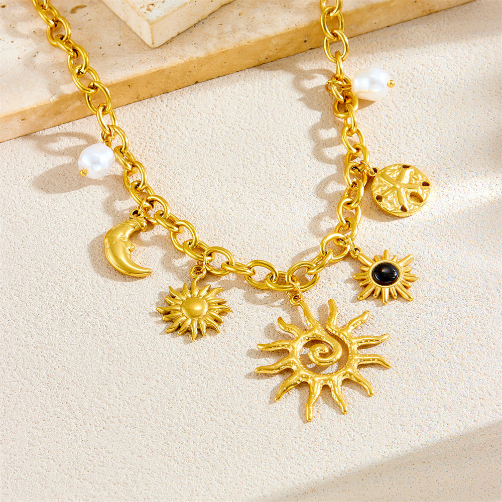 Celestial Sun Moon Pearl Gold Plated Charm Stainless Steel Necklace Bulk