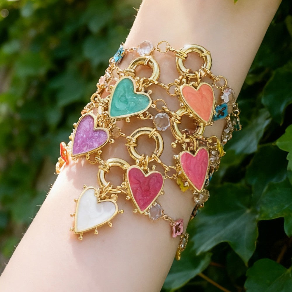 Multi Color Heart Charms Gold Enamel Stainless Steel Bracelet Wholesale