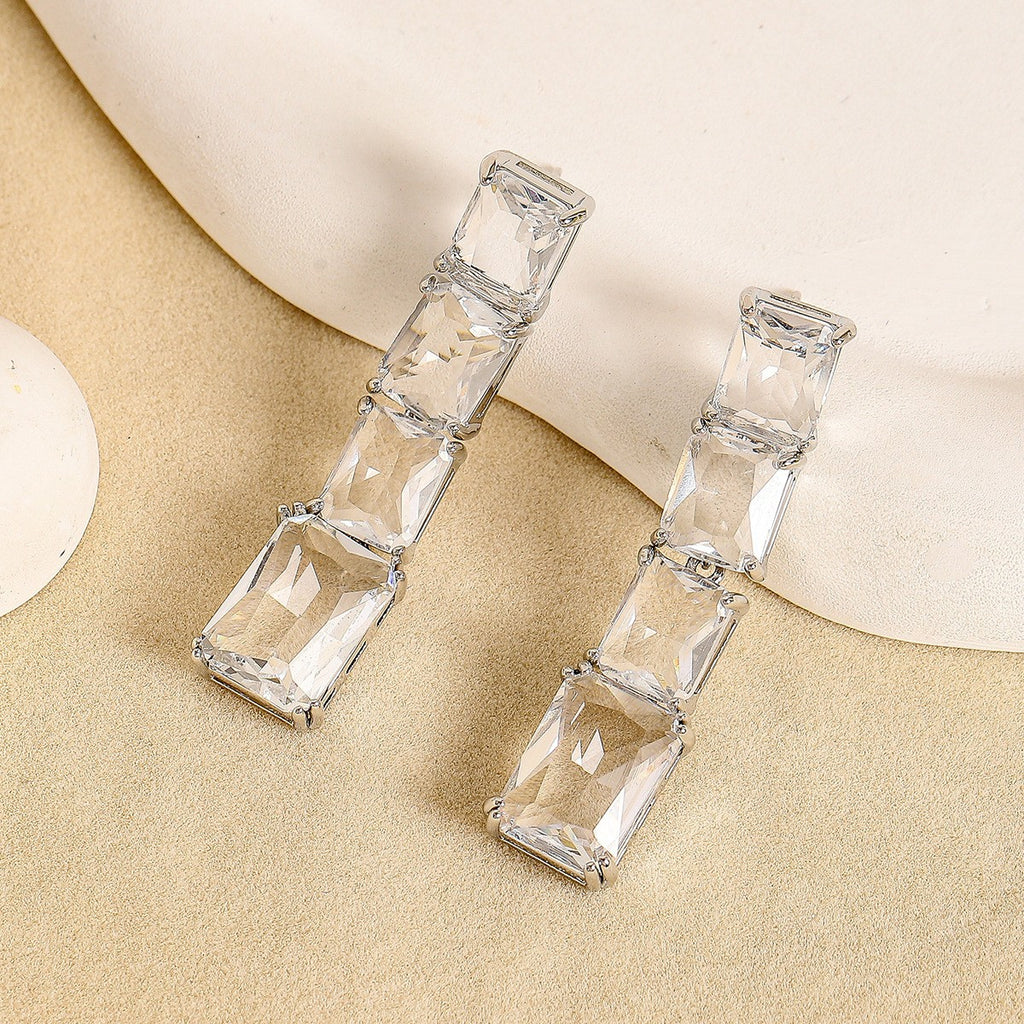 Blue White Rectangular Cut Silver CZ Copper Necklace Earring Set Bulk