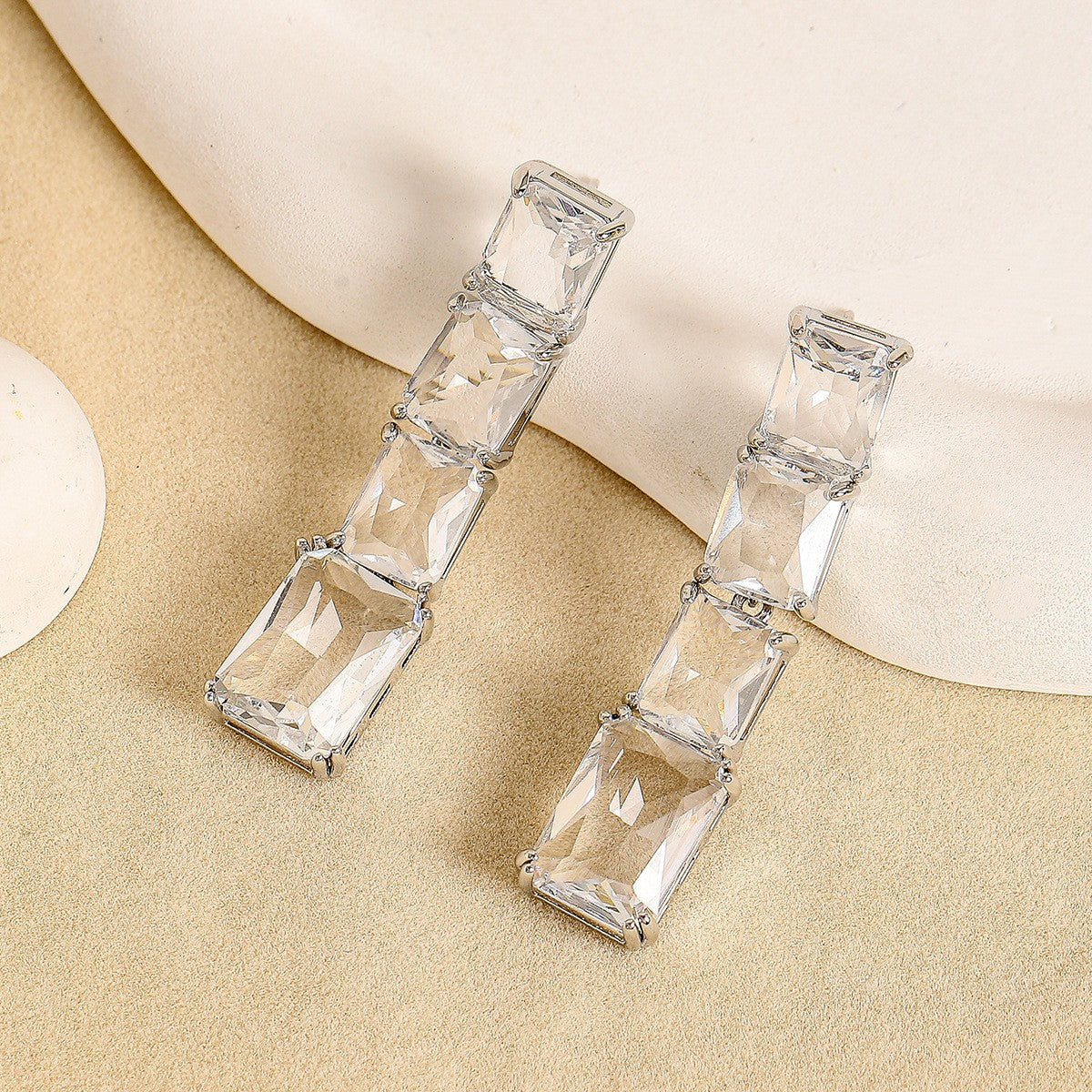 Blue White Rectangular Cut Silver CZ Copper Necklace Earring Set Bulk