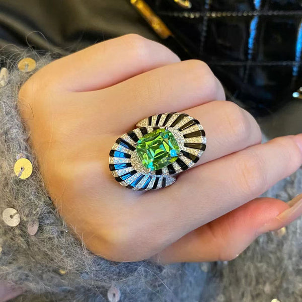 Bulk Green Black Oval Shape Silver CZ Copper Adjustable Cocktail Ring Main image