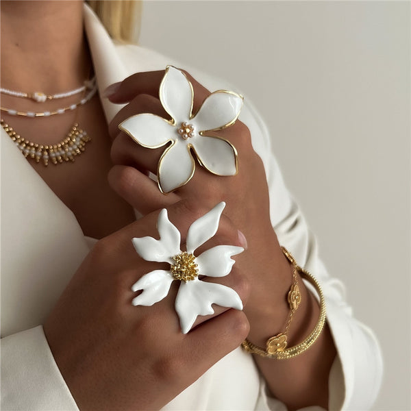 Floral White Enamel 18K Gold Plated Anti Tarnish Free Size Ring Bulk Secondary image