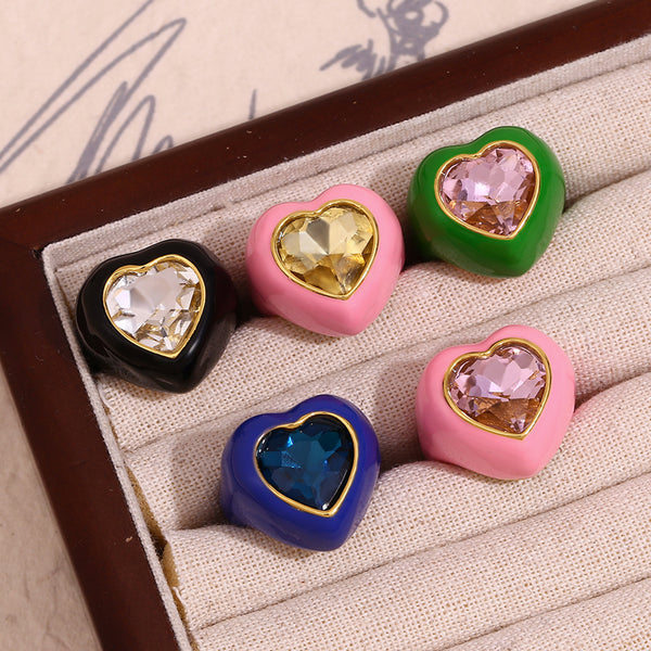 Heart Solitaire Enamel Gold Stainless Steel Anti Tarnish Ring Bulk Main image