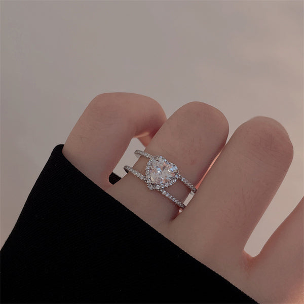Luxury Silver Plated Heart White CZ Double Band Copper Cocktail Ring Bulk Main image