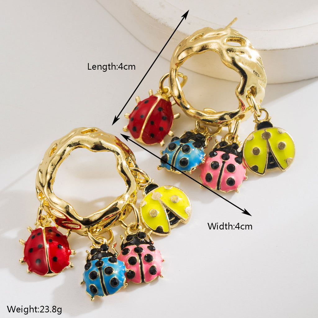 Designer Multi Color Enamel Gold Plated Ladybug Charm Hoop Earrings Bulk