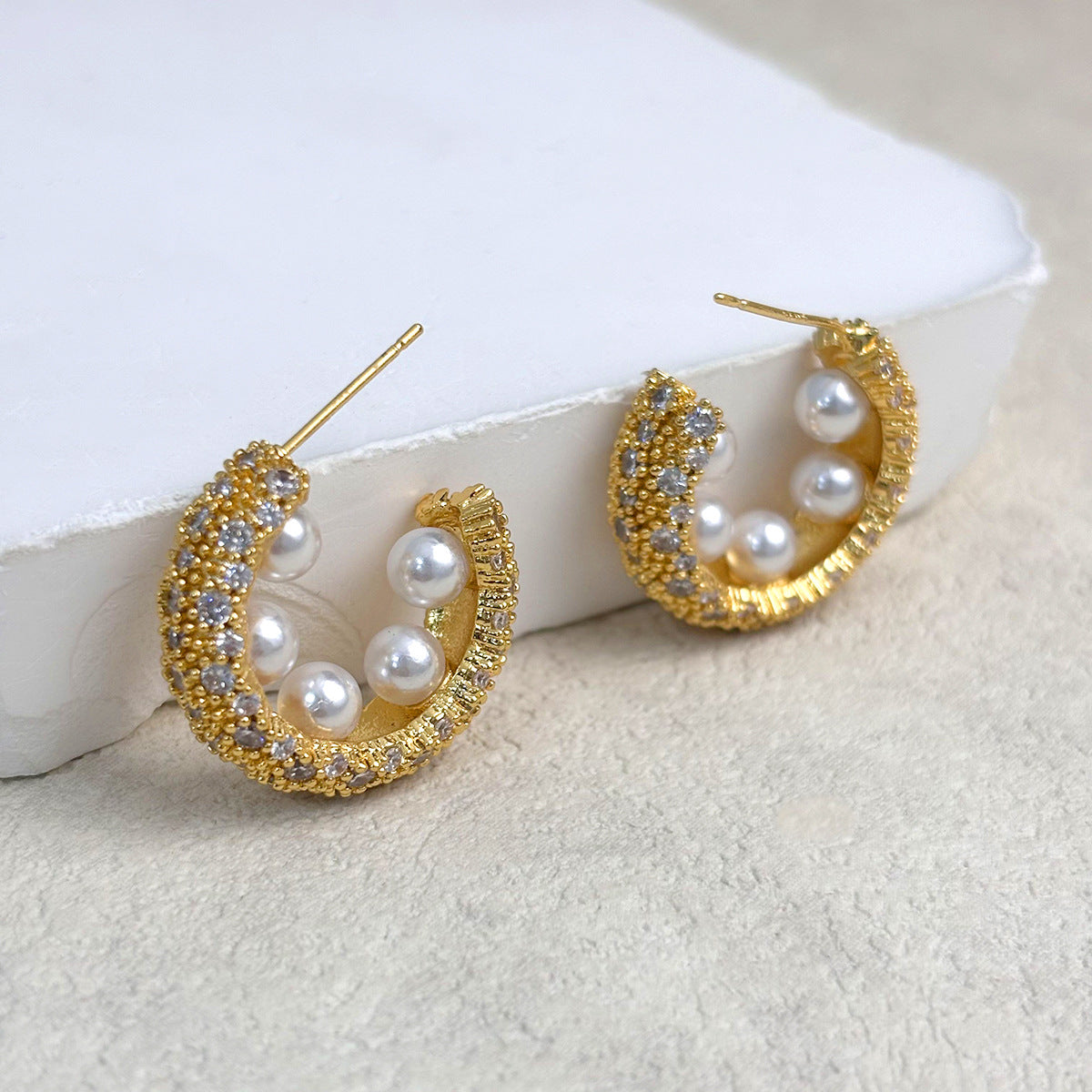 Pearl Cubic Zirconia 18K Gold Silver Anti Tarnish Hoop Earring Bulk