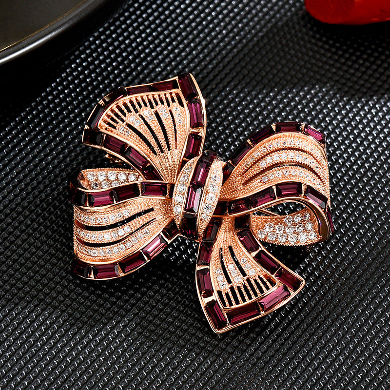 Rose Gold Plated Bow Burgundy Baguette CZ Enamel Copper Brooch Bulk