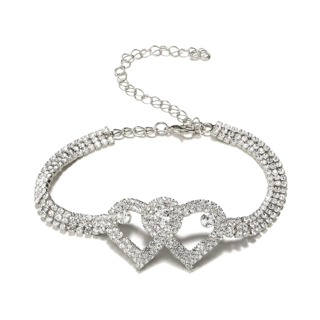 Dual Heart Studded Cubic Zirconia Silver Gold Anti Tarnish Anklet Bulk