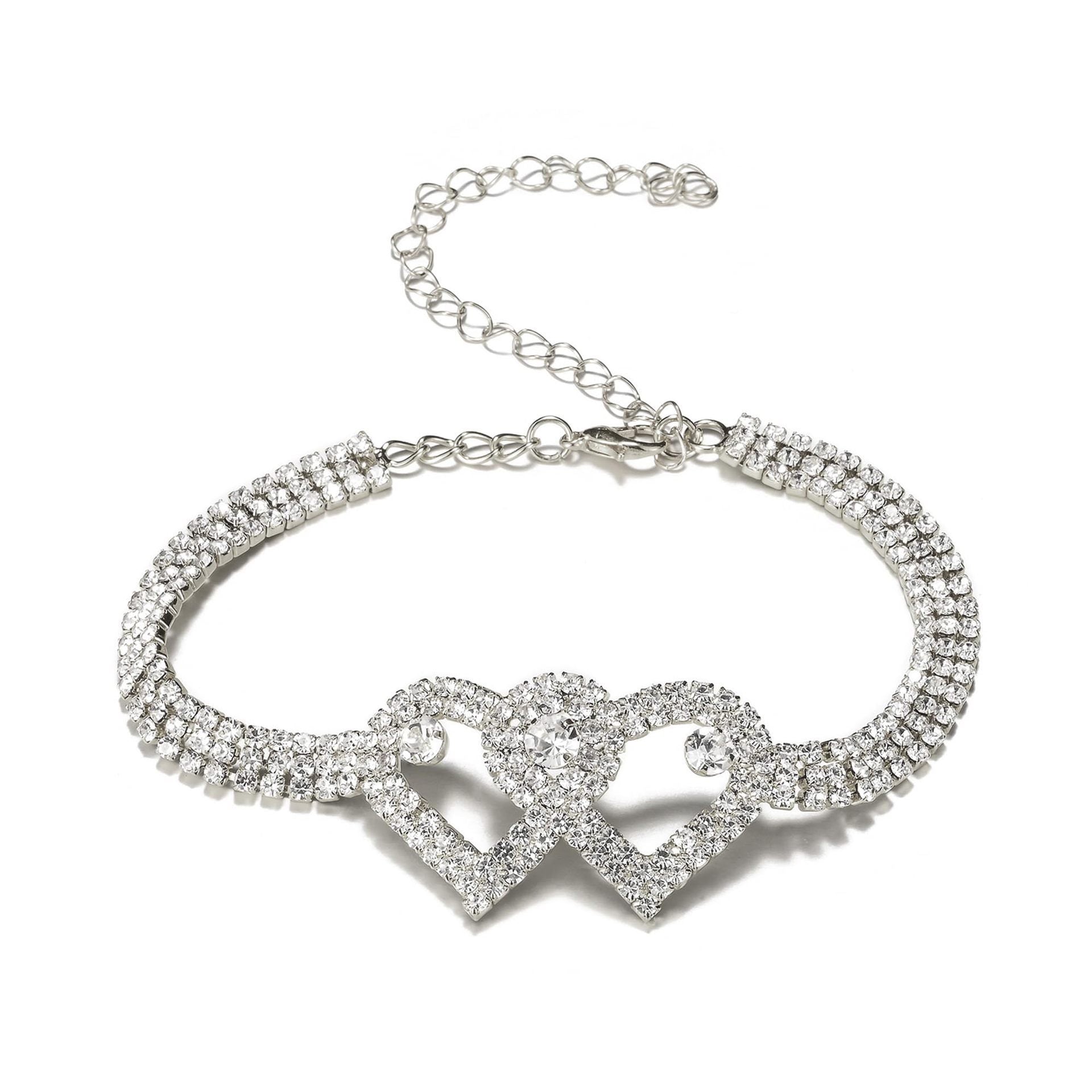 Dual Heart Studded Cubic Zirconia Silver Gold Anti Tarnish Anklet Bulk